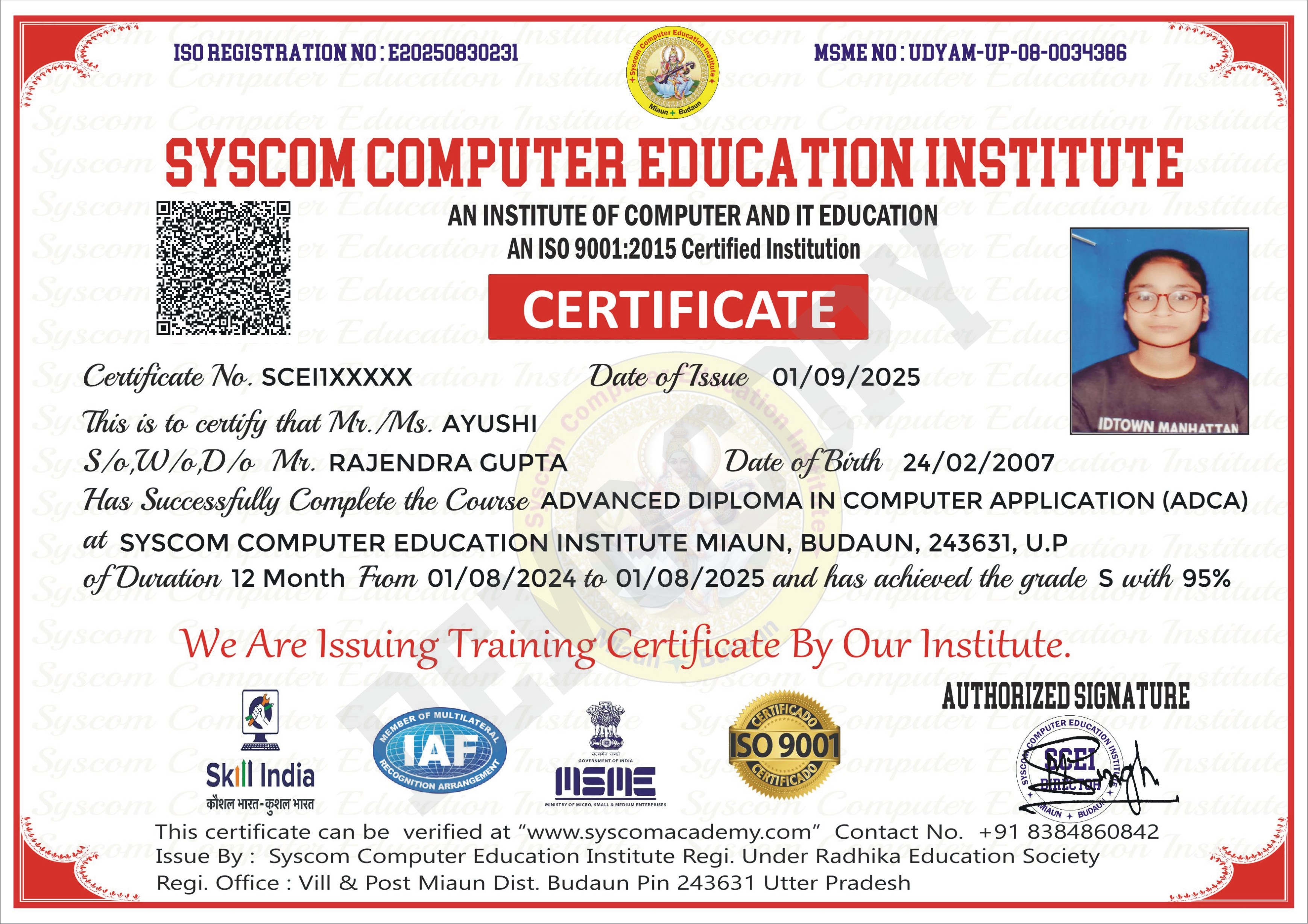 Certificate demo syscom computer center 